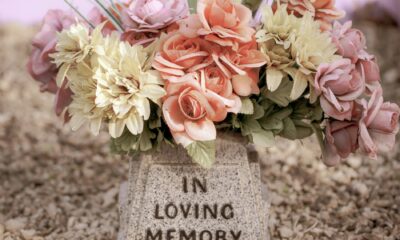 gravestone and flowers